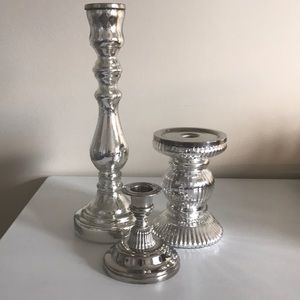 3 Mercury Glass Silver Candlesticks
